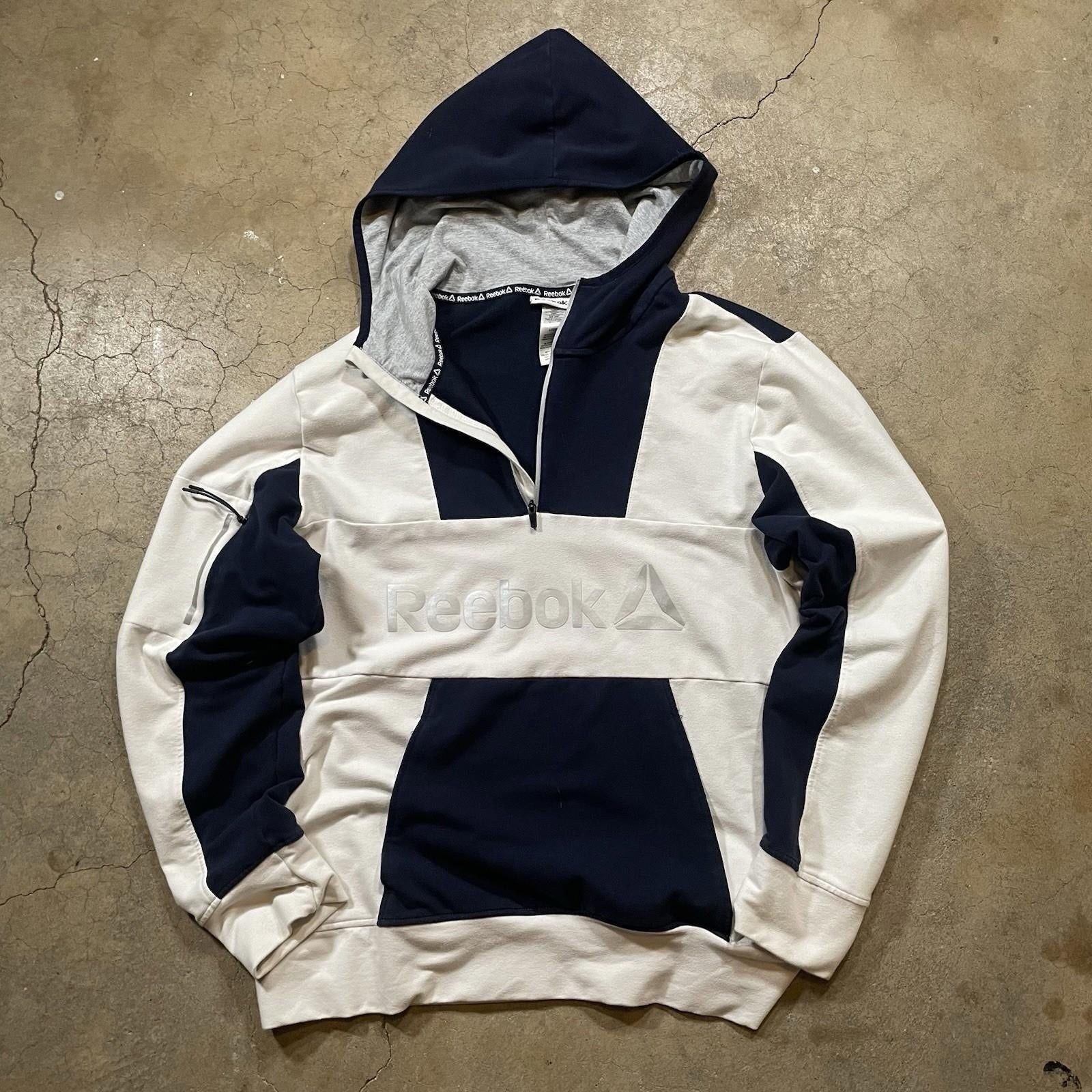 Reebok Hoodie Mens Large White x Blue Sweatshirt Long Sleeve