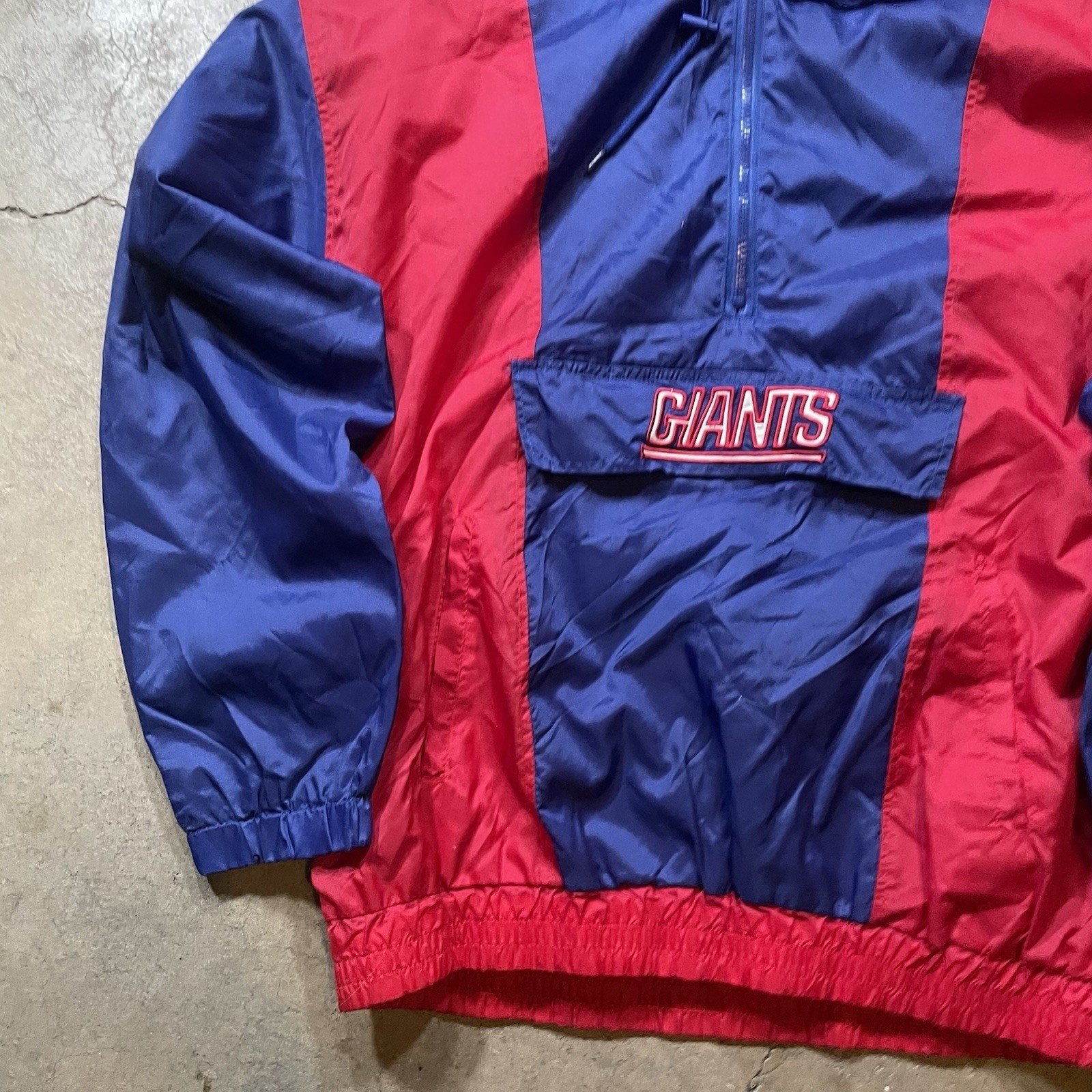 VTG 90s NEW YORK GIANTS STARTER PUFFER PULLOVER 1/2 ZIP JACKET MEDIUM HOOD