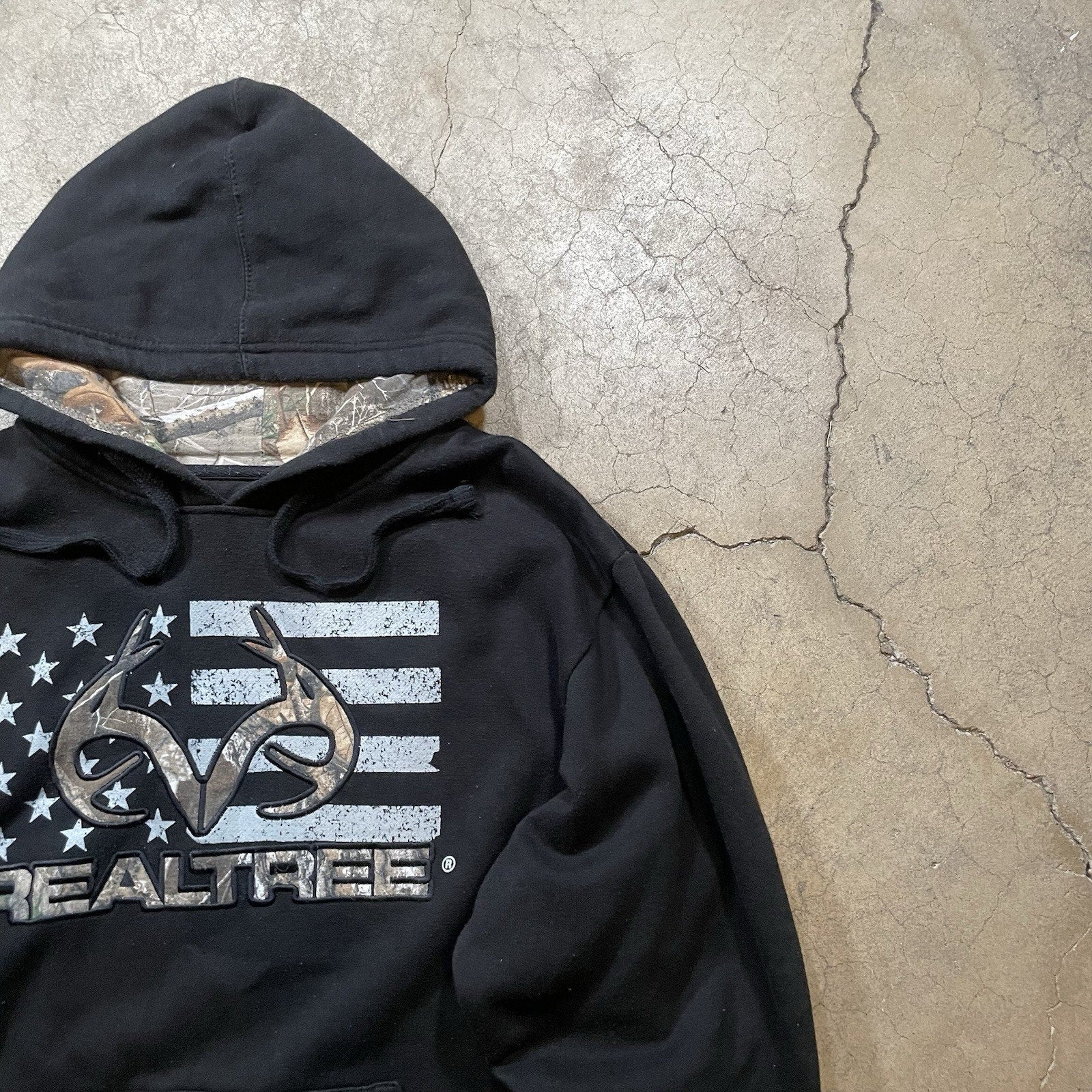 Realtree Hoodie Mens Large Black Antlers Camo American Flag Sweatshirt Hunting