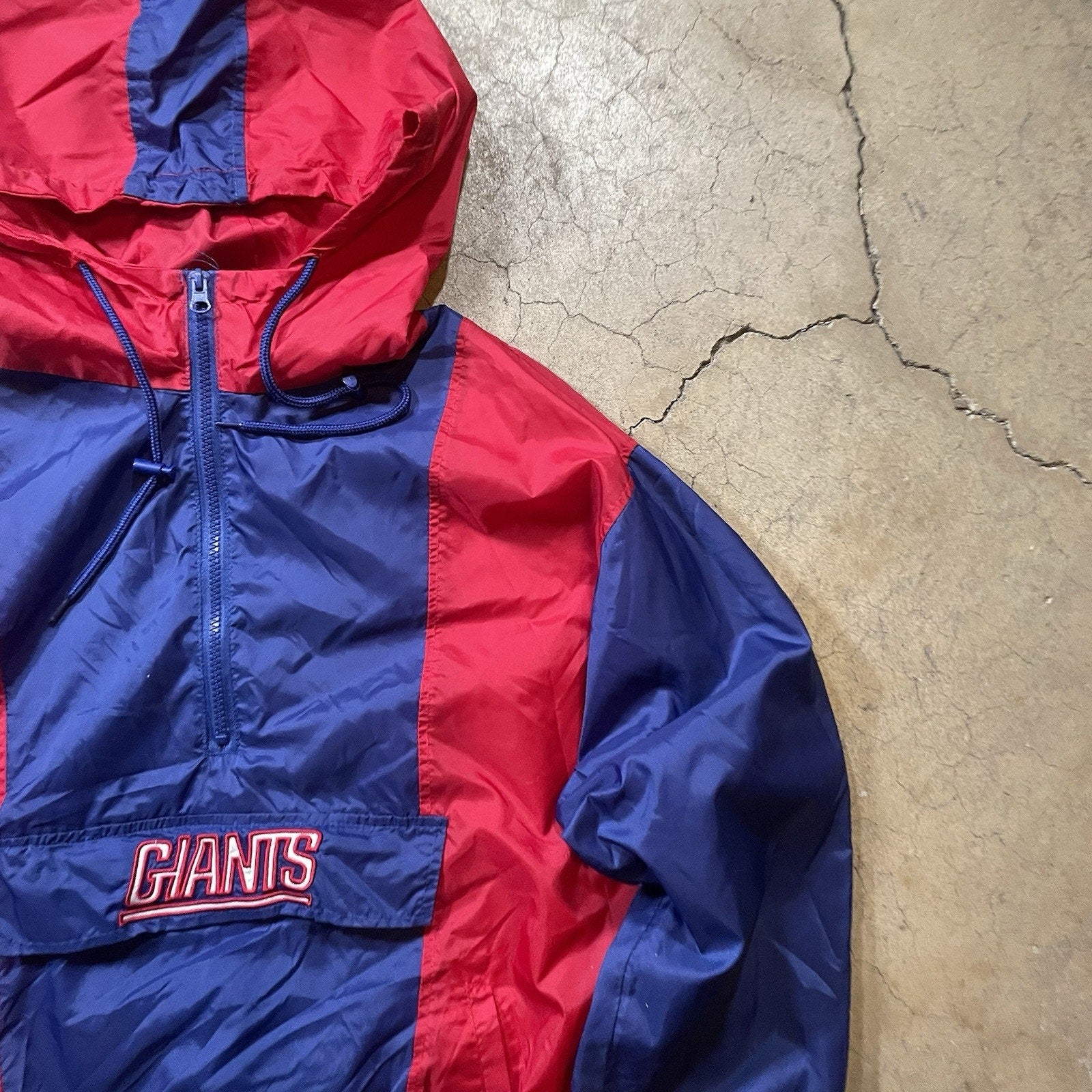 VTG 90s NEW YORK GIANTS STARTER PUFFER PULLOVER 1/2 ZIP JACKET MEDIUM HOOD