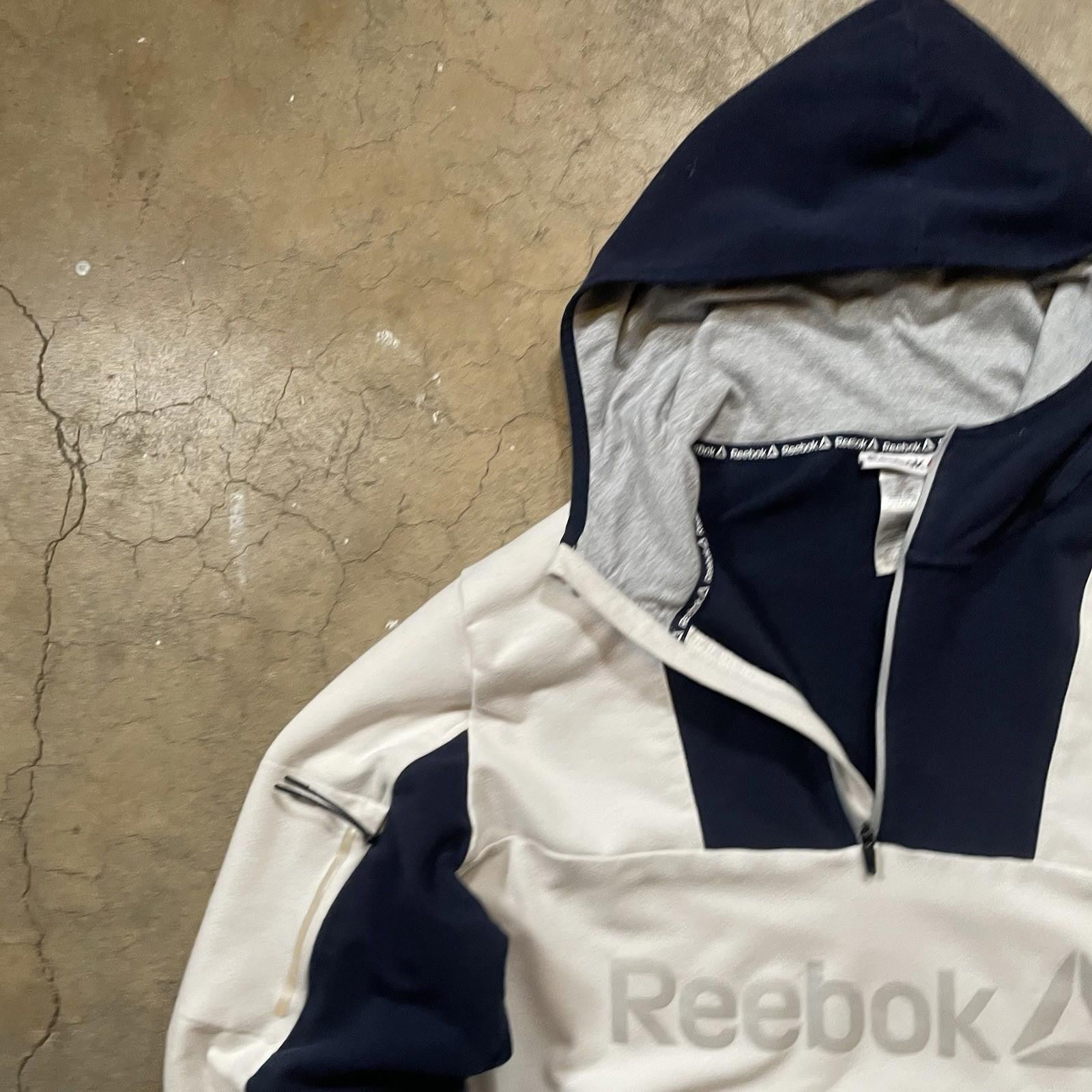 Reebok Hoodie Mens Large White x Blue Sweatshirt Long Sleeve