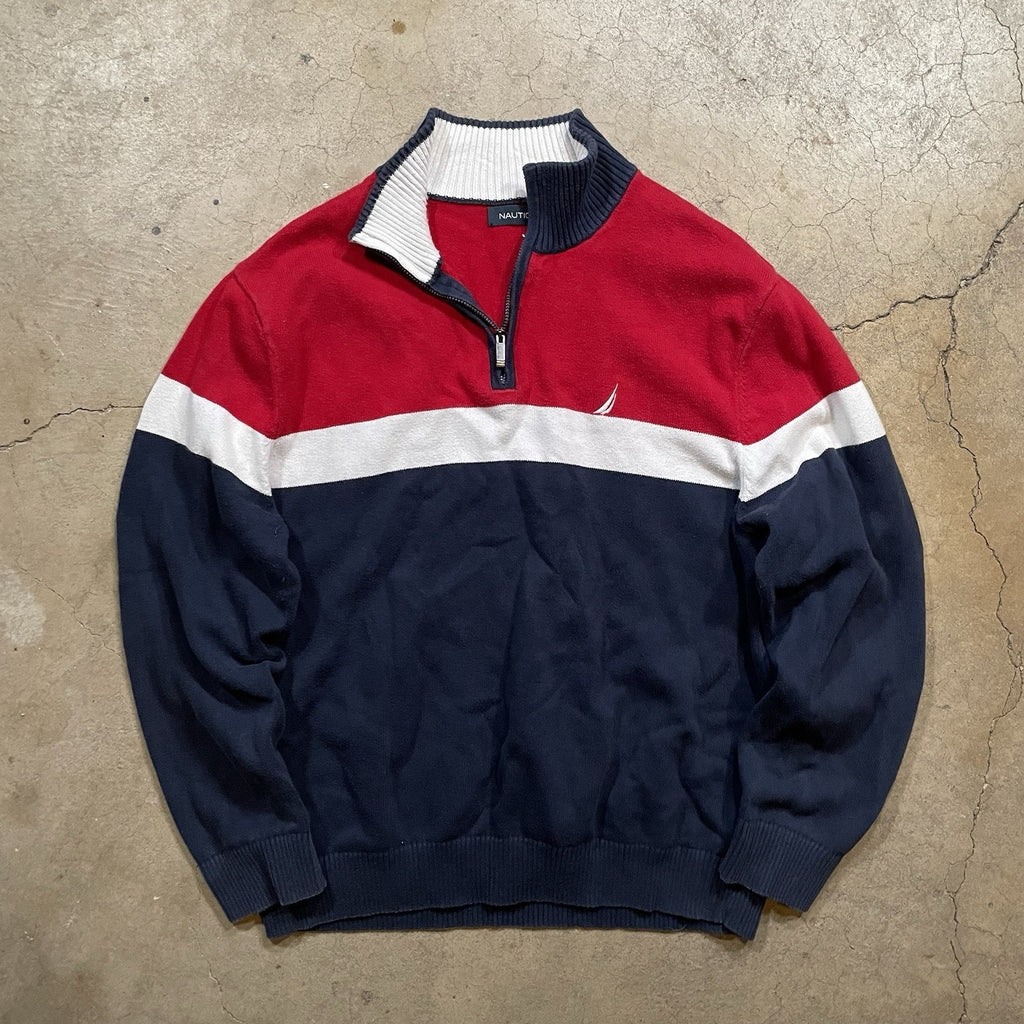 mens nautica quarter zip pullover Blue White Red L