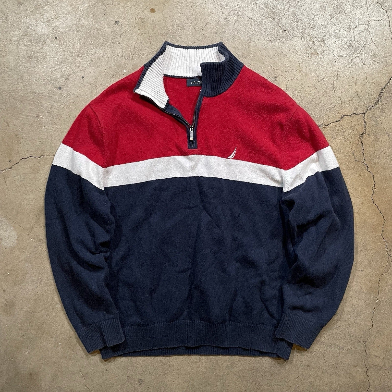 mens nautica quarter zip pullover Blue White Red L