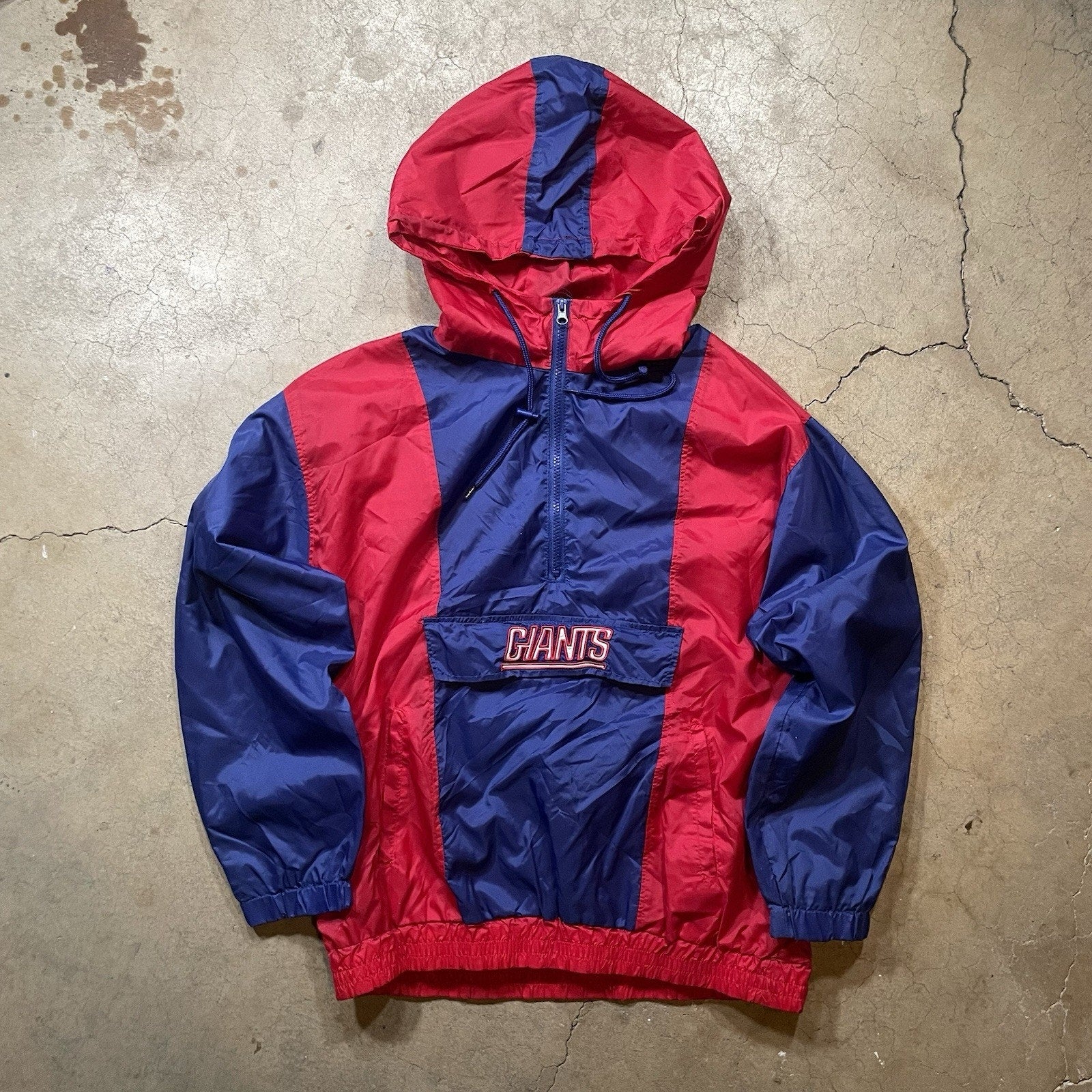 VTG 90s NEW YORK GIANTS STARTER PUFFER PULLOVER 1/2 ZIP JACKET MEDIUM HOOD